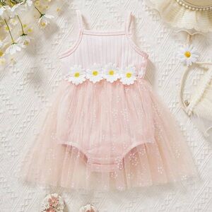 SHEIN Baby's 3d Dandelion Decoration Mesh Splice Cami Bodysuit